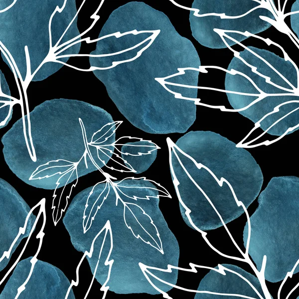 Çizgili sanat çiçekleri ve suluboya lekeleri olan yaratıcı kusursuz desen. Moda soyut modern vintage baskı.