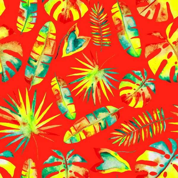 Акварель Бесшовный Узор Красочными Абстрактными Тропическими Листьями Яркий Летний Отпечаток — стоковое фото