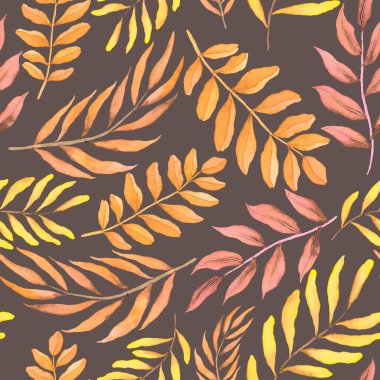 Vintage yapraklı suluboya desenli. Dekoratif tasarım için renkli yaprakları olan güzel bir botanik baskısı. Parlak bahar ya da yaz arkaplanı. Klasik düğün dekoru. Tekstil tasarımı.