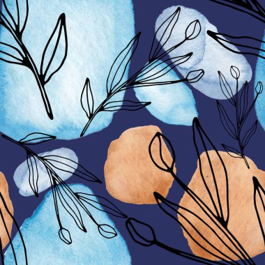 Çizgili sanat çiçekleri ve suluboya lekeleri olan yaratıcı kusursuz desen. Moda soyut modern vintage baskı.