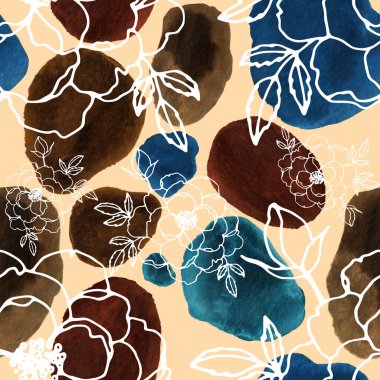 Çizgili sanat çiçekleri ve suluboya lekeleri olan yaratıcı kusursuz desen. Moda soyut modern vintage baskı.