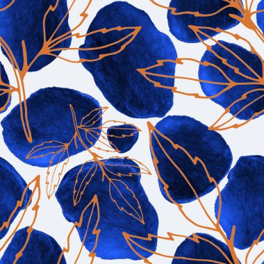 Çizgili sanat çiçekleri ve suluboya lekeleri olan yaratıcı kusursuz desen. Moda soyut modern vintage baskı.