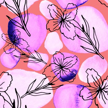 Çizgili sanat çiçekleri ve suluboya lekeleri olan yaratıcı kusursuz desen. Moda soyut modern vintage baskı.