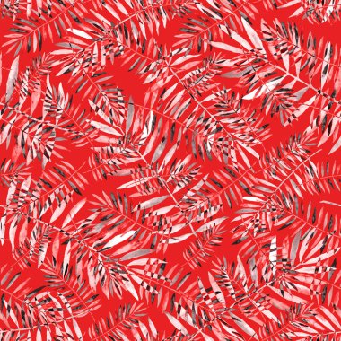 Renkli ve soyut tropikal yapraklı suluboya desenli. Egzotik bitkilerle dolu parlak yaz baskısı. Yaratıcı trend botanik tekstil tasarımı.