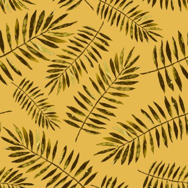 Renkli ve soyut tropikal yapraklı suluboya desenli. Egzotik bitkilerle dolu parlak yaz baskısı. Yaratıcı trend botanik tekstil tasarımı.