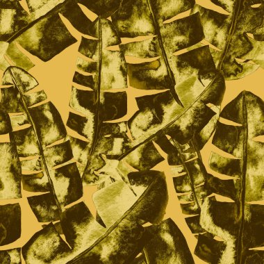 Renkli ve soyut tropikal yapraklı suluboya desenli. Egzotik bitkilerle dolu parlak yaz baskısı. Yaratıcı trend botanik tekstil tasarımı.