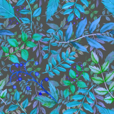 Vintage yapraklı suluboya desenli. Dekoratif tasarım için renkli yaprakları olan güzel bir botanik baskısı. Parlak bahar ya da yaz arkaplanı. Klasik düğün dekoru. Tekstil tasarımı.