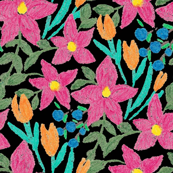 Creatief Naadloos Patroon Met Abstracte Bloemen Getekend Met Waskrijtjes Heldere — Stockfoto
