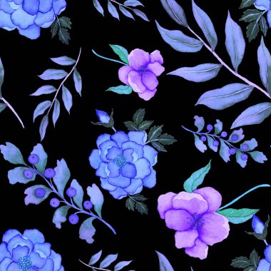 Çiçeklerle suluboya kusursuz desen. Klasik çiçek desenleri. Çiçeksiz desen. Botanik sanatı. Çiçek botanik koleksiyonu. Çiçek seti. Suluboya botanik tasarımı.