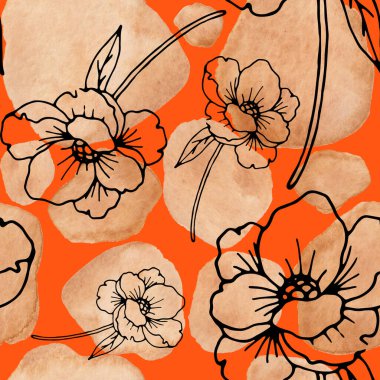 Çizgili sanat çiçekleri ve suluboya lekeleri olan yaratıcı kusursuz desen. Moda soyut modern vintage baskı.