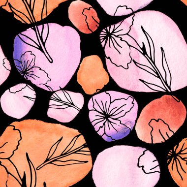 Çizgili sanat çiçekleri ve suluboya lekeleri olan yaratıcı kusursuz desen. Moda soyut modern vintage baskı.