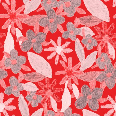 Balmumu pastel boyalarla çizilmiş soyut çiçekleri olan yaratıcı, pürüzsüz desen. Parlak renkli çiçek deseni.