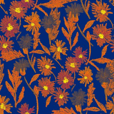 Balmumu pastel boyalarla çizilmiş soyut çiçekleri olan yaratıcı, pürüzsüz desen. Parlak renkli çiçek deseni.