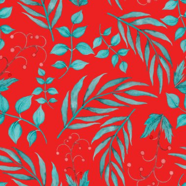 Vintage yapraklı suluboya desenli. Dekoratif tasarım için renkli yaprakları olan güzel bir botanik baskısı. Parlak bahar ya da yaz arkaplanı. Klasik düğün dekoru. Tekstil tasarımı.