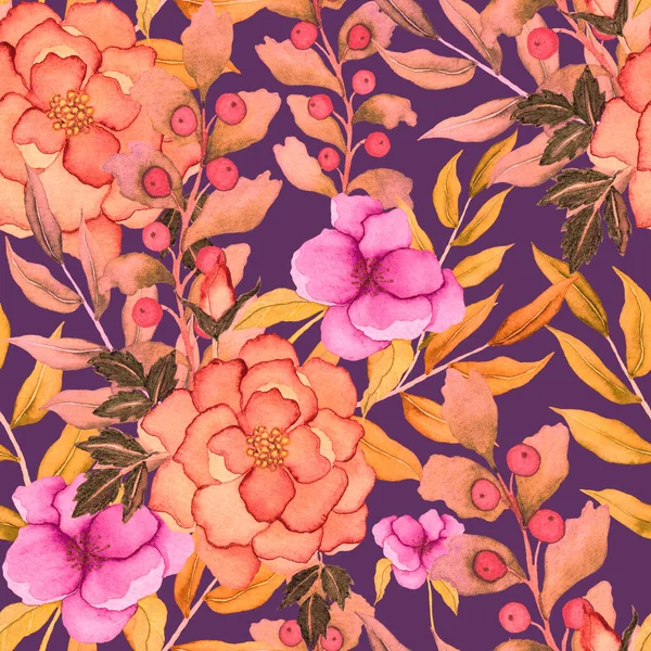 Çiçeklerle suluboya kusursuz desen. Klasik çiçek desenleri. Çiçeksiz desen. Botanik sanatı. Çiçek botanik koleksiyonu. Çiçek seti. Suluboya botanik tasarımı.