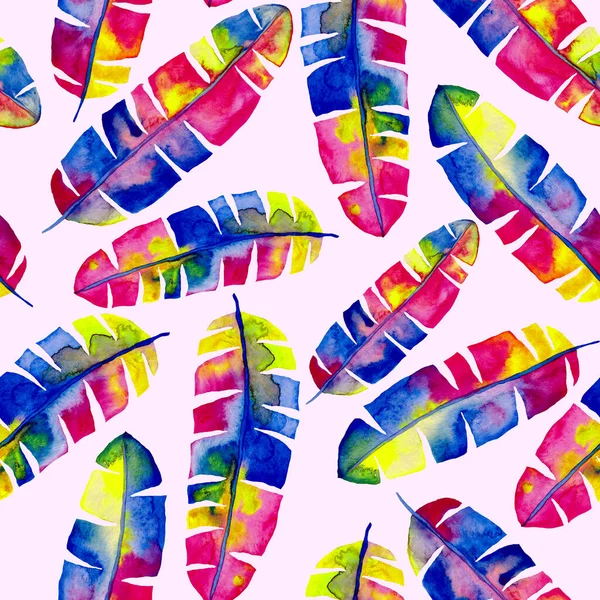 Renkli ve soyut tropikal yapraklı suluboya desenli. Egzotik bitkilerle dolu parlak yaz baskısı. Yaratıcı trend botanik tekstil tasarımı.