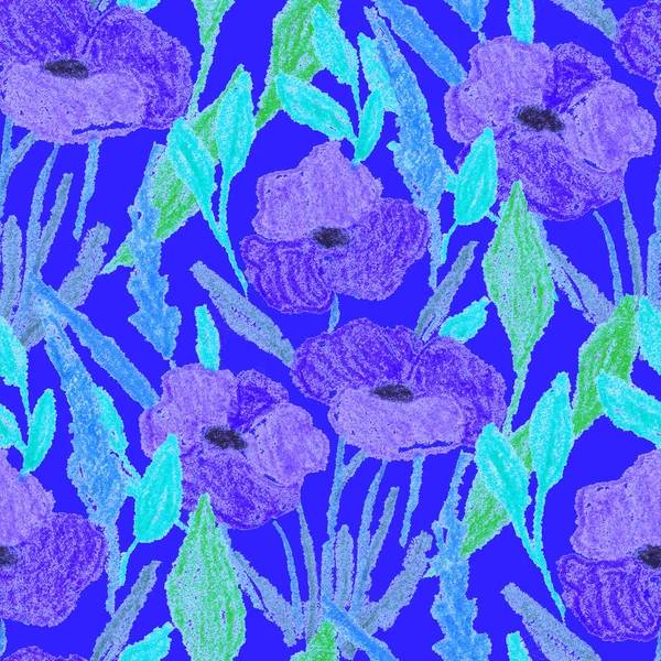 ワックスクレヨンで描かれた抽象的な花と創造的なシームレスなパターン 明るい色の花 Print — ストック写真