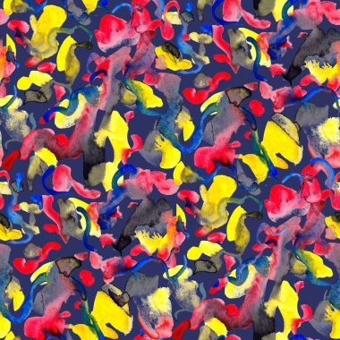 Suluboya, soyut, kusursuz desen. Parlak el yapımı elementlerle yaratıcı doku. Soyut renkli yazdırma.