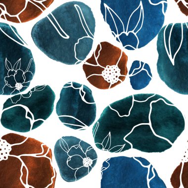 Çizgili sanat çiçekleri ve suluboya lekeleri olan yaratıcı kusursuz desen. Moda soyut modern vintage baskı.