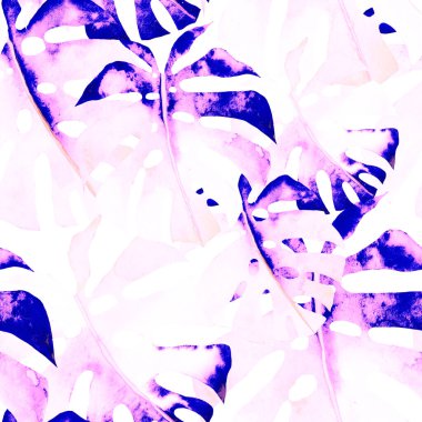 Renkli ve soyut tropikal yapraklı suluboya desenli. Egzotik bitkilerle dolu parlak yaz baskısı. Yaratıcı trend botanik tekstil tasarımı.