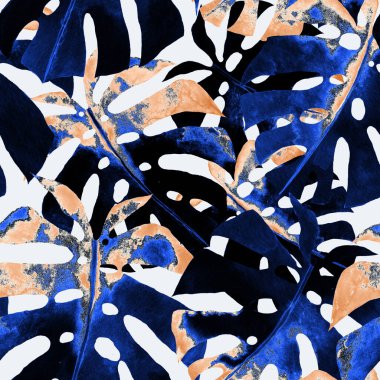 Renkli ve soyut tropikal yapraklı suluboya desenli. Egzotik bitkilerle dolu parlak yaz baskısı. Yaratıcı trend botanik tekstil tasarımı.