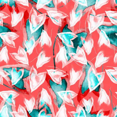 Renkli ve soyut tropikal yapraklı suluboya desenli. Egzotik bitkilerle dolu parlak yaz baskısı. Yaratıcı trend botanik tekstil tasarımı.