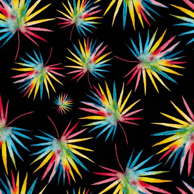 Renkli ve soyut tropikal yapraklı suluboya desenli. Egzotik bitkilerle dolu parlak yaz baskısı. Yaratıcı trend botanik tekstil tasarımı.