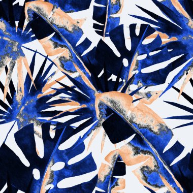 Renkli ve soyut tropikal yapraklı suluboya desenli. Egzotik bitkilerle dolu parlak yaz baskısı. Yaratıcı trend botanik tekstil tasarımı.