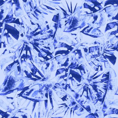 Renkli ve soyut tropikal yapraklı suluboya desenli. Egzotik bitkilerle dolu parlak yaz baskısı. Yaratıcı trend botanik tekstil tasarımı.