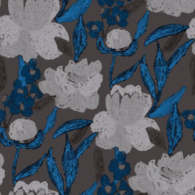 Balmumu pastel boyalarla çizilmiş soyut çiçekleri olan yaratıcı, pürüzsüz desen. Parlak renkli çiçek deseni.