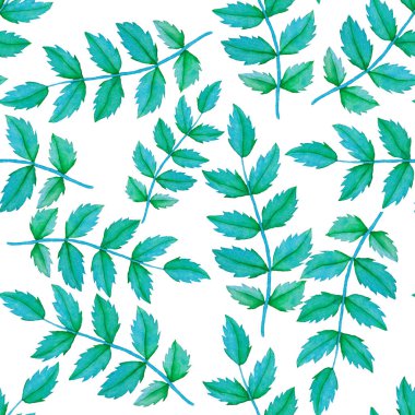 Vintage yapraklı suluboya desenli. Dekoratif tasarım için renkli yaprakları olan güzel bir botanik baskısı. Parlak bahar ya da yaz arkaplanı. Klasik düğün dekoru. Tekstil tasarımı.