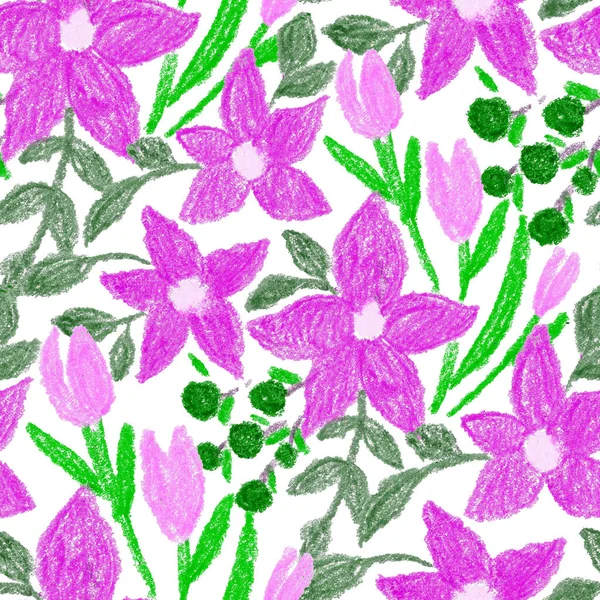 有创意的无缝图案 抽象的花朵用蜡笔画 色彩艳丽的花纹 — 图库照片