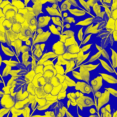 Çiçeklerle suluboya kusursuz desen. Klasik çiçek desenleri. Çiçeksiz desen. Botanik sanatı. Çiçek botanik koleksiyonu. Çiçek seti. Suluboya botanik tasarımı.