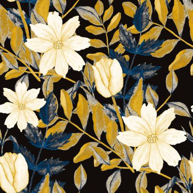 Çiçeklerle suluboya kusursuz desen. Klasik çiçek desenleri. Çiçeksiz desen. Botanik sanatı. Çiçek botanik koleksiyonu. Çiçek seti. Suluboya botanik tasarımı.