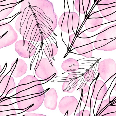 Çizgili sanat çiçekleri ve suluboya lekeleri olan yaratıcı kusursuz desen. Moda soyut modern vintage baskı.