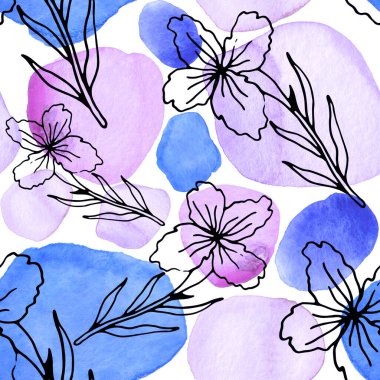 Çizgili sanat çiçekleri ve suluboya lekeleri olan yaratıcı kusursuz desen. Moda soyut modern vintage baskı.