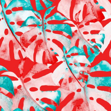 Renkli ve soyut tropikal yapraklı suluboya desenli. Egzotik bitkilerle dolu parlak yaz baskısı. Yaratıcı trend botanik tekstil tasarımı.