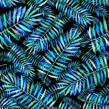 Renkli ve soyut tropikal yapraklı suluboya desenli. Egzotik bitkilerle dolu parlak yaz baskısı. Yaratıcı trend botanik tekstil tasarımı.