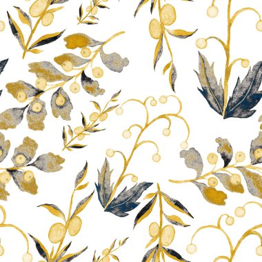 Vintage yapraklı suluboya desenli. Dekoratif tasarım için renkli yaprakları olan güzel bir botanik baskısı. Parlak bahar ya da yaz arkaplanı. Klasik düğün dekoru. Tekstil tasarımı.