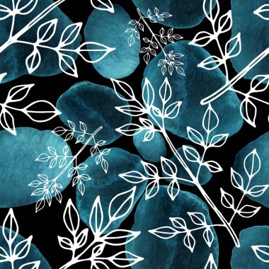 Çizgili sanat çiçekleri ve suluboya lekeleri olan yaratıcı kusursuz desen. Moda soyut modern vintage baskı.