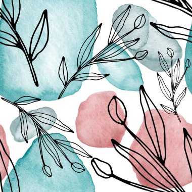 Çizgili sanat çiçekleri ve suluboya lekeleri olan yaratıcı kusursuz desen. Moda soyut modern vintage baskı.