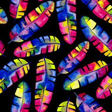 Renkli ve soyut tropikal yapraklı suluboya desenli. Egzotik bitkilerle dolu parlak yaz baskısı. Yaratıcı trend botanik tekstil tasarımı.