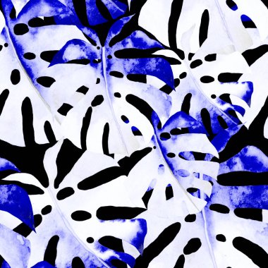 Renkli ve soyut tropikal yapraklı suluboya desenli. Egzotik bitkilerle dolu parlak yaz baskısı. Yaratıcı trend botanik tekstil tasarımı.