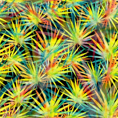 Renkli ve soyut tropikal yapraklı suluboya desenli. Egzotik bitkilerle dolu parlak yaz baskısı. Yaratıcı trend botanik tekstil tasarımı.