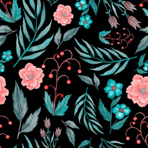 Акварель бесшовный узор с цветами. Винтажный цветочный узор. Цветочный бесшовный рисунок. Ботаническое искусство. Цветочная коллекция ботаники. Свадебный цветочный набор. Ботанический дизайн акварели.