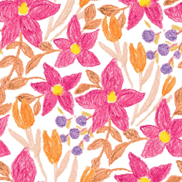 Creative Seamless Pattern Abstract Flowers Drawn Wax Crayons Bright Colorful — Stock Photo, Image