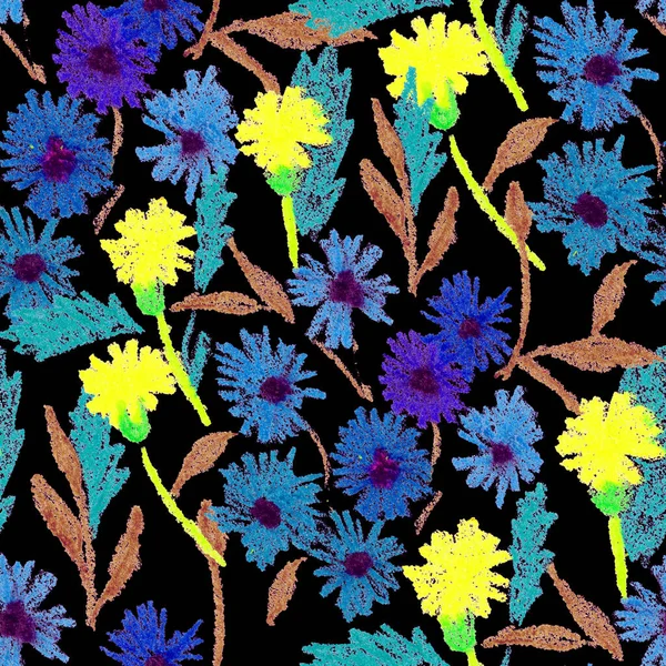 Creative Seamless Pattern Abstract Flowers Drawn Wax Crayons Bright Colorful — Stock Photo, Image