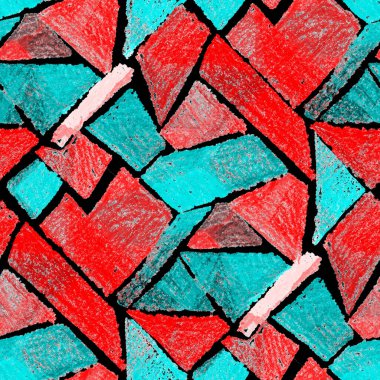 Renkli, soyut geometrik elementlerle yaratıcı, kusursuz desen. El yapımı doku. Grafik olarak soyut bir arkaplan. Çağdaş sanat. Moda modern tarzı.
