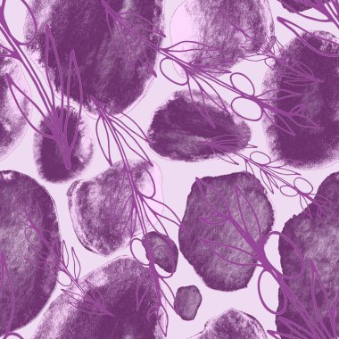 Çizgili sanat çiçekleri ve suluboya lekeleri olan yaratıcı kusursuz desen. Moda soyut modern vintage baskı.