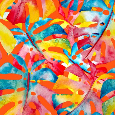 Renkli ve soyut tropikal yapraklı suluboya desenli. Egzotik bitkilerle dolu parlak yaz baskısı. Yaratıcı trend botanik tekstil tasarımı.